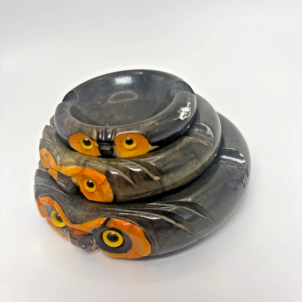 Rare Vtg Alabaster Nesting Set 3 Owl Ashtray/Candy Trinket Dish Made in Italy